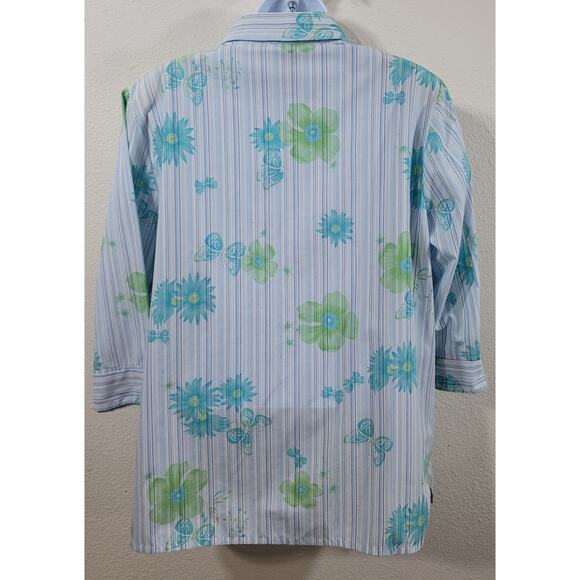 Allison Daley Blue Green Striped Floral Butterflies Button Up Top 16 Lightweight - Picture 3 of 4